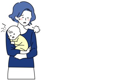 Ağlayan bebek ve yorgun anne sanatı.