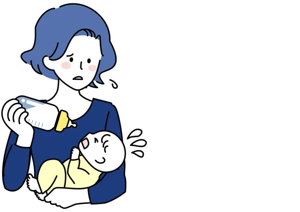 ミルクを飲まない赤ん坊に悩まされる母親のクリップアート — ストックベクタ