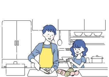 Bir adamın yemek pişirme ve kızın yardım etme sanatı.