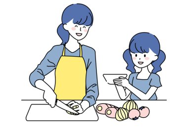 Annenin yemek pişirme ve kızının yardım etme sanatı.