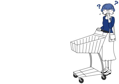 Tereddütle alışveriş arabasını iten kadın klip sanatı