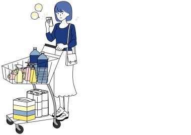 Alışveriş arabasını iterken akıllı telefon kullanan kadın klip sanatı