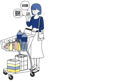 Alışveriş arabasını iterken barkod okuyan kadın klip sanatı