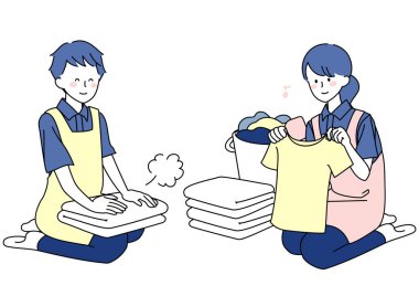 Çamaşır katlayan kadın ve erkeğin klip sanatı