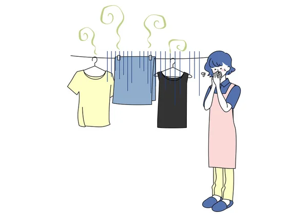 Clip Art Woman Trouble Laundry Smells Freshly Dried — Vettoriale Stock