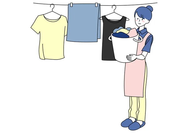Clip Art Woman Who Enjoys Drying Laundry — Stock Vector