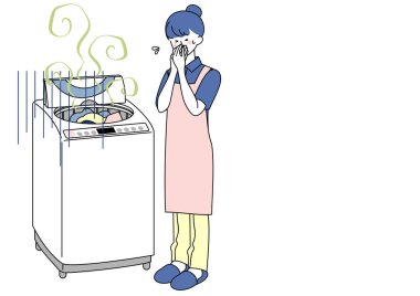 Çamaşır makinesinin kokusundan rahatsız olan kadın klip sanatı.