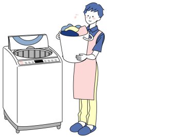 Giysileri mutlu bir şekilde yıkayan bir adam.