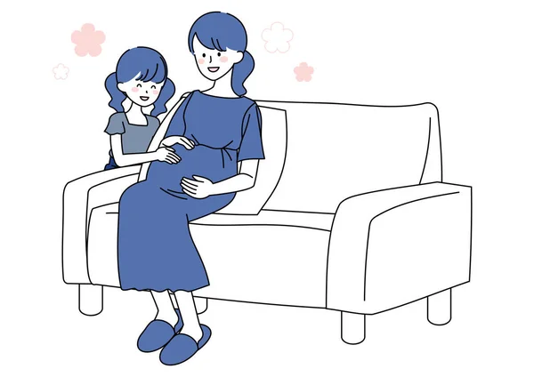 Clip Art Pregnant Woman Smiling Daughter Patting Her Belly — 스톡 벡터