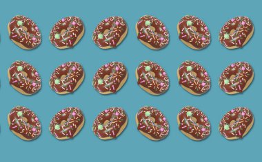 Çikolata kremalı iştah açıcı donut desenli, renkli serpiştirilmiş. 3D görüntüleme. Güzel kart. Şeker dükkanı konsepti.