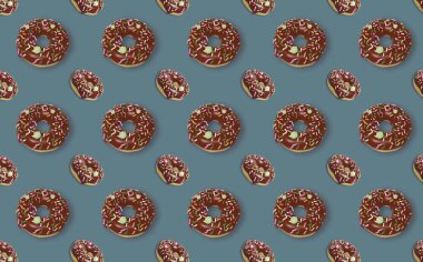Çikolata kremalı iştah açıcı donut desenli, renkli serpiştirilmiş. 3D görüntüleme. Güzel kart. Şeker dükkanı konsepti.