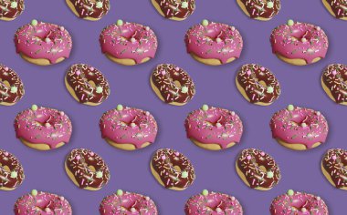 Çikolata kremalı iştah açıcı donut desenli, renkli serpiştirilmiş. 3D görüntüleme. Güzel kart. Şeker dükkanı konsepti.