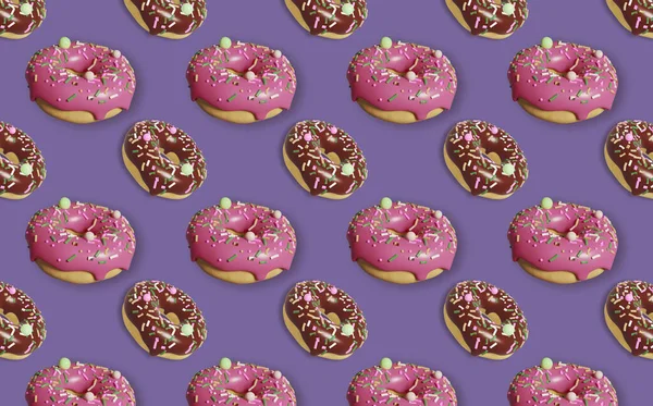 Çikolata kremalı iştah açıcı donut desenli, renkli serpiştirilmiş. 3D görüntüleme. Güzel kart. Şeker dükkanı konsepti.