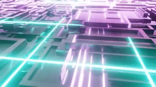 アニメーションループ Sci Fiネオンライン 明るい光 幾何学的な立方形 イラストアブストラクト3Dレンダリング — ストック動画
