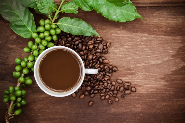 Kop koffie en bonen op hout achtergrond — Stockfoto