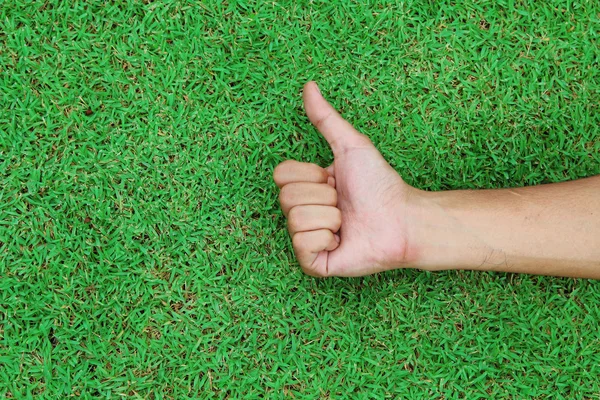Mão com polegar para cima na textura de fundo de grama verde — Fotografia de Stock