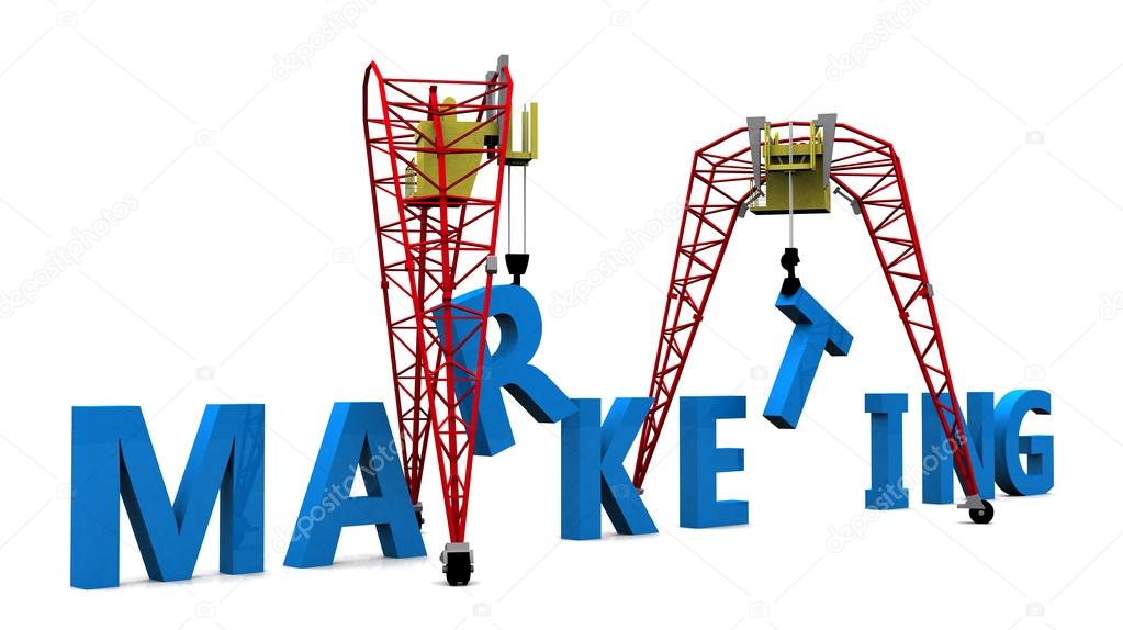 Construction site crane building a blue 3D text marketing