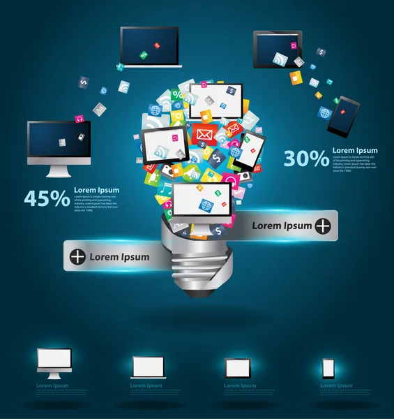 Tecnología de software de negocios y redes sociales concepto de servicio de redes informáticas, bombilla creativa con nube de colorido icono de la aplicación — Vector de stock