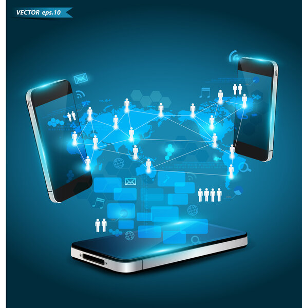 Технология мобильных телефонов бизнес-концепция, Креативная схема информационного процесса сети, Векторная иллюстрация современный дизайн шаблона
