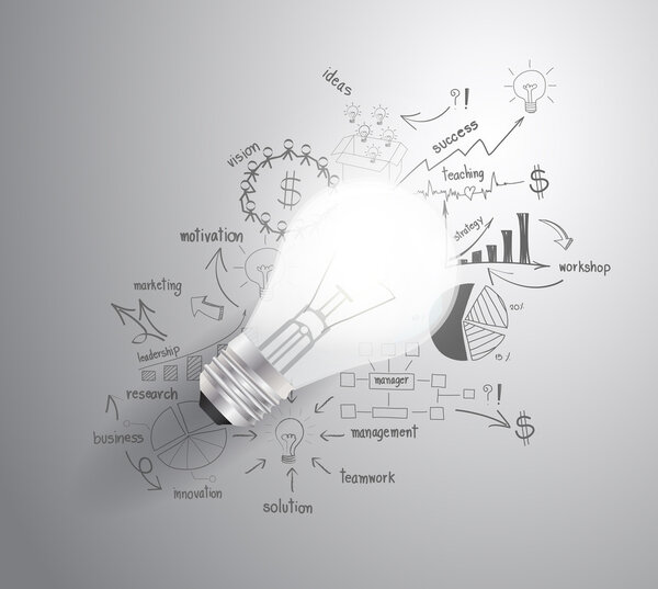 Bombilla con dibujo idea de plan de estrategia de éxito empresarial — Vector de stock