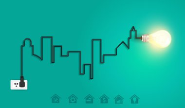 Vector cityscape with creative wire light bulb idea concept clipart