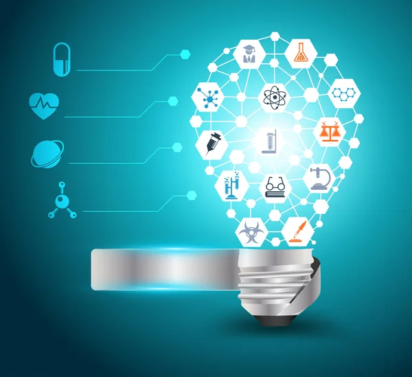 Vector gloeilamp idee met chemie en wetenschap pictogram onderwijs — Stockvector