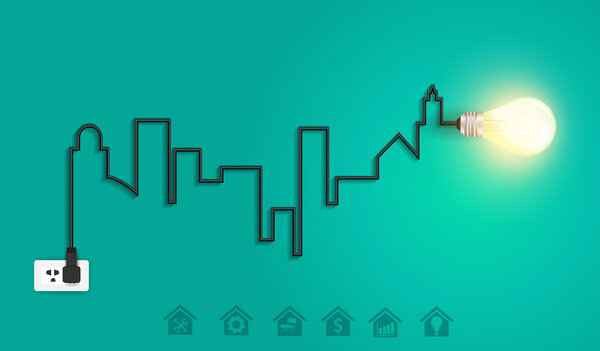 Vector cityscape with creative wire light bulb idea concept