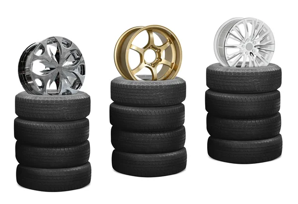 Car alloy wheel on tires isolated over white background — Stock Photo, Image