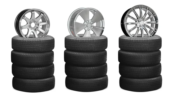 Roda de liga de carro em pneus isolados sobre fundo branco — Fotografia de Stock
