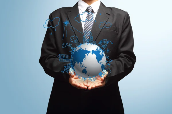 Holding globe, Ecology concept creative drawing on global — Stock Photo, Image