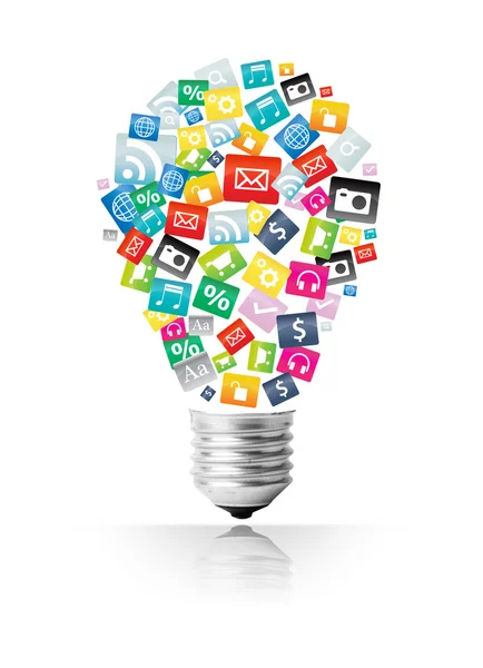 Creative light bulb with cloud of colorful application icon — Stock Photo, Image