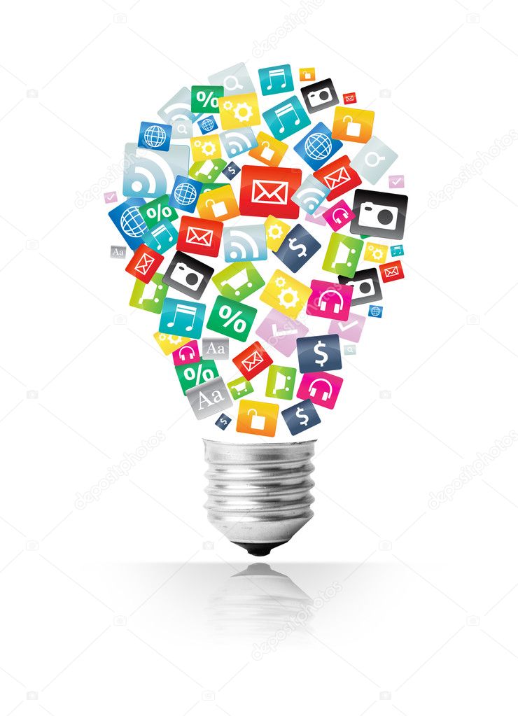 Creative light bulb with cloud of colorful application icon