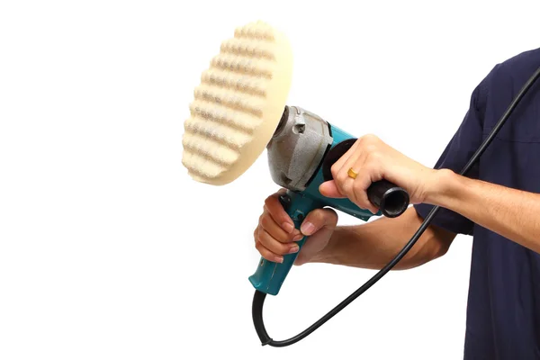 Man holds the Machine polisher for car care — Stock Photo, Image