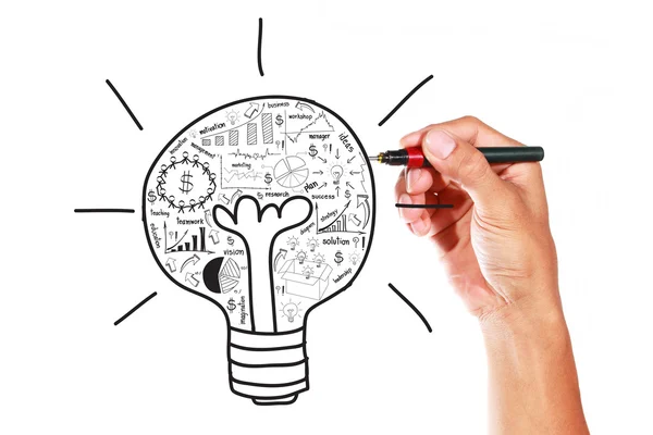 Mano con una lampadina da disegno a penna con idea di business plan — Foto Stock