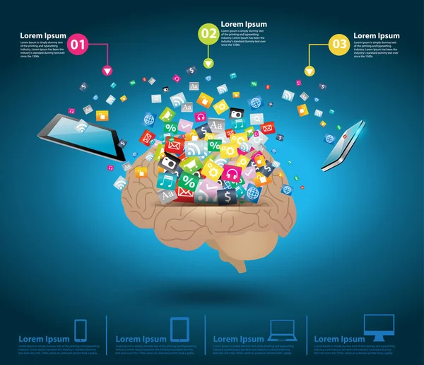 Creatieve wolk van kleurrijke toepassingspictogram met hersenen idee concept — Stockvector