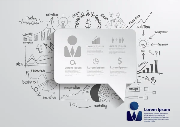 Burbuja del discurso con la idea del concepto del plan de estrategia del negocio del dibujo — Vector de stock