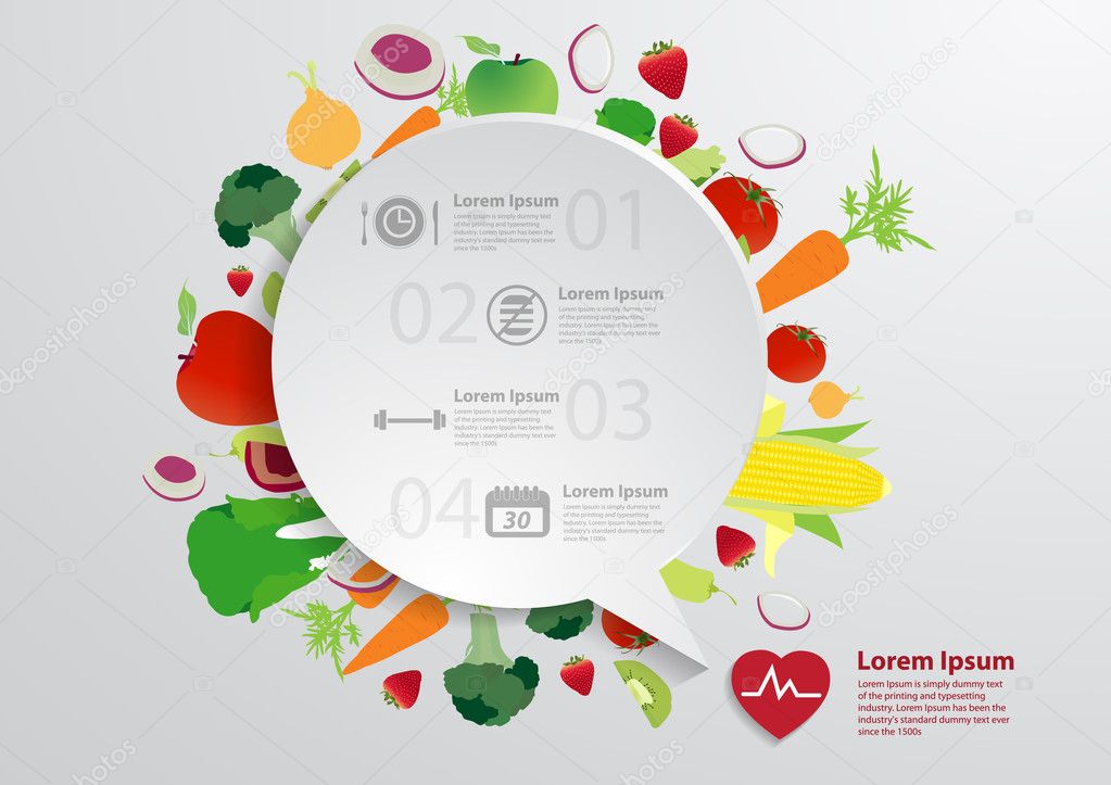 Modern business bubble speech template with fruits and vegetables healthy food icons