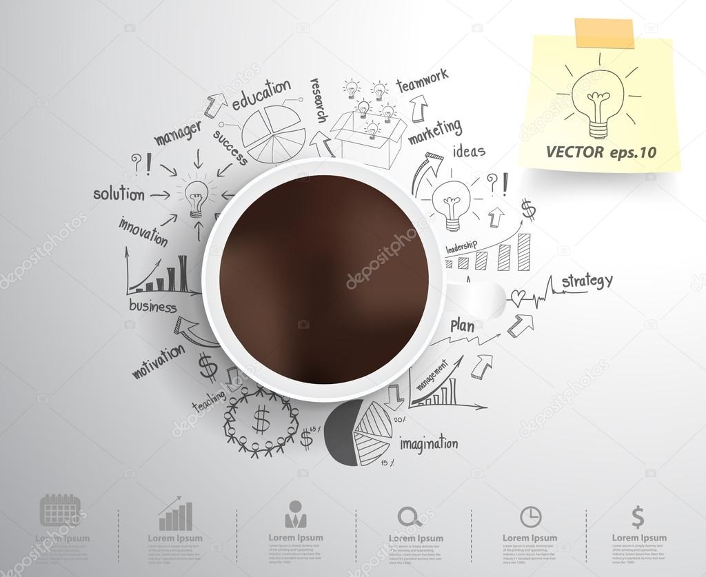 Coffee cup on drawing business strategy plan concept idea