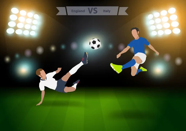 Dos jugadores de fútbol en salto para golpear la pelota — Vector de stock
