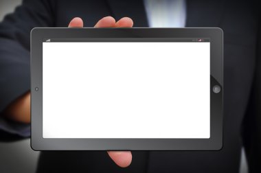 Businessman hands holding the touch screen clipart