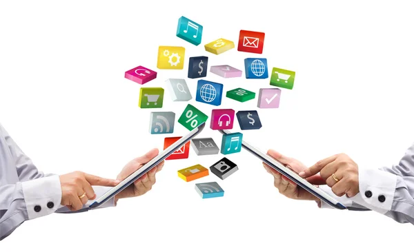 Tablets pc in hands with colorful application icons — Stock Photo, Image
