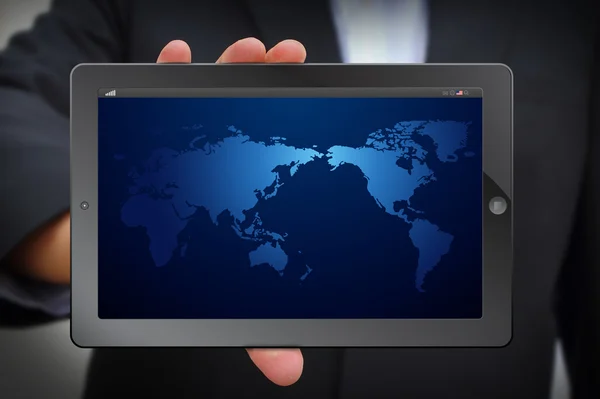 Moderne blaue Weltkarte auf Tablet-PC — Stockfoto