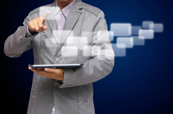 Businessman hands use tablet computer and virtual icons — Stock Photo, Image