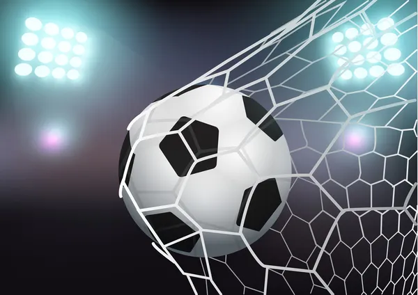 Balón de fútbol en la red de portería en el estadio con luz — Vector de stock