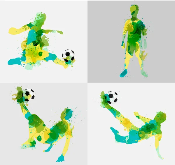 Vector soccer player kicks the ball with paint splatter design — Stock Vector