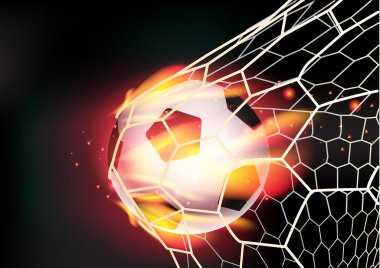 Vector soccer ball in goal net on fire flames