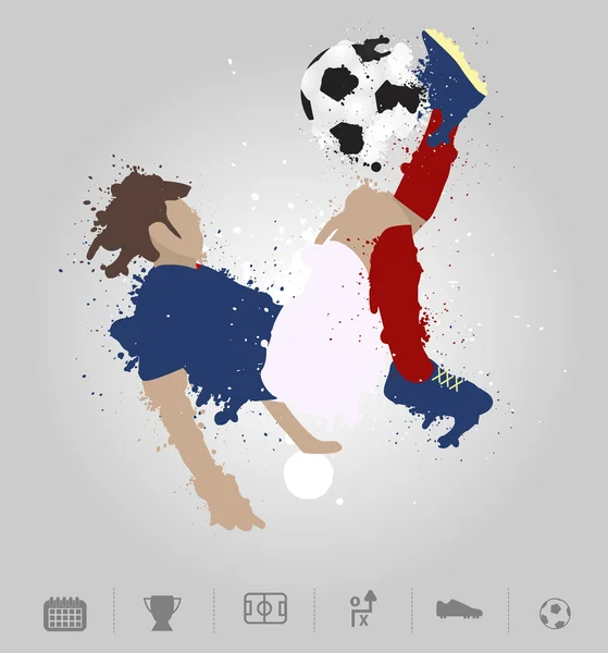 Soccer player kicks the ball with paint splatter design — Stock Vector
