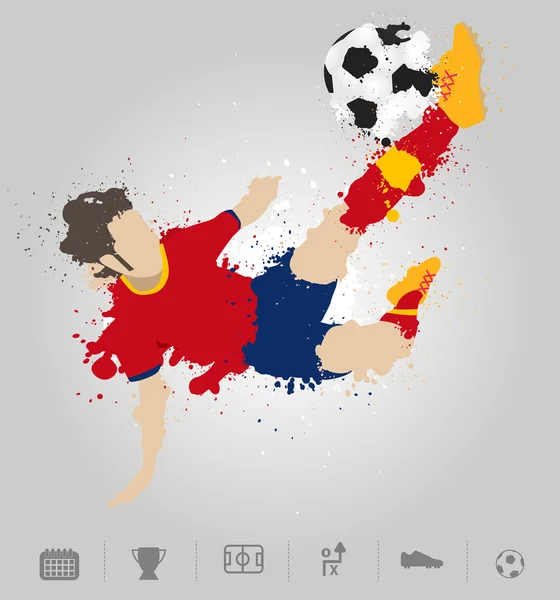 Jugador de fútbol patea la pelota con el diseño de salpicaduras de pintura — Vector de stock