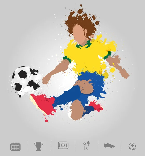Soccer player kicks the ball with paint splatter design — Stock Vector