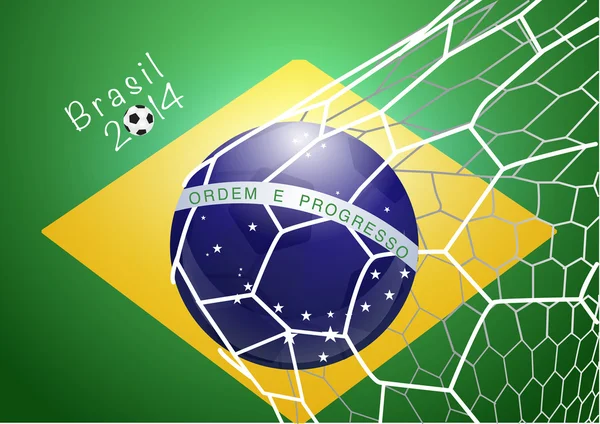 Soccer ball in net with brazil flag — Stock Vector